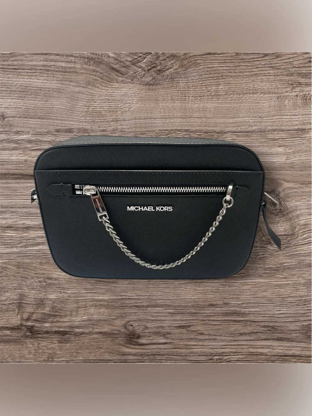 MICHAEL KORS Black Saffiano Crossbody with Silver Chain
